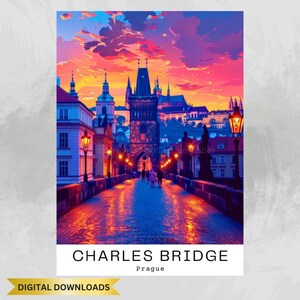 Colorful Prague Charles Bridge Wall Art, Sunset Digital Download, Modern Cityscape Printable, Prague Travel Decor