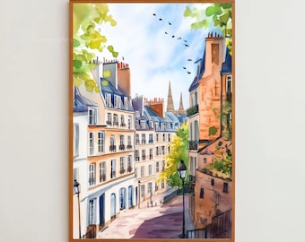 Lámina de París en acuarela, paisaje urbano retro, póster de viaje europeo (descarga digital)