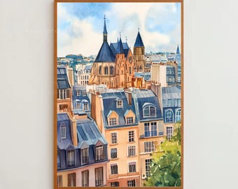Lámina de acuarela de París, Torre Eiffel retro, arte mural europeo (descarga digital)