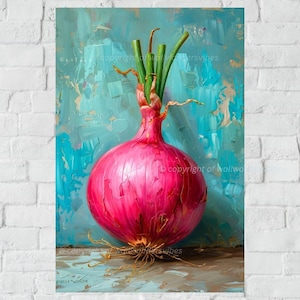 Abstract Pink Onion Art Print, Modern Kitchen Wall Decor, Vibrant Vegetable Canvas, Colorful Food Artwork for Home