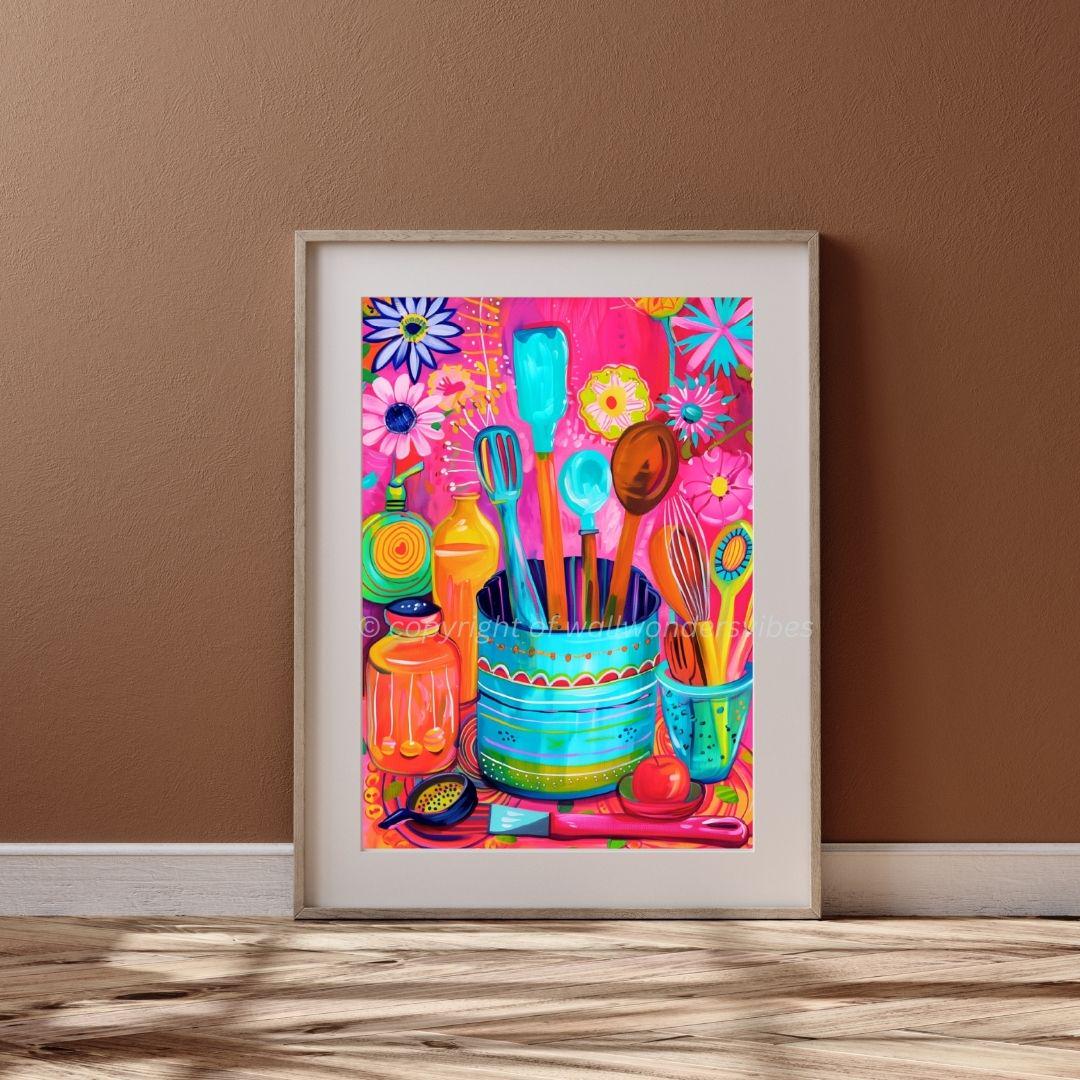kitchen print - art for kitchen -colourful kitchen... Colorful Kitchen Wall Art, Digital Download, Vibrant Cooking Utensils ...