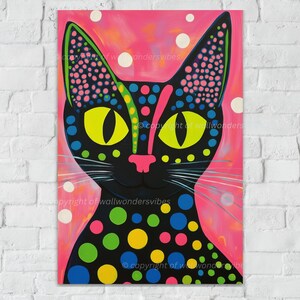 Kleurrijke abstracte kattenkunst portret afdrukbare muurkunst, kattenliefhebber cadeau, digitale download JPG PDF A3, modern huisdierdecor, vintage kattenkunst #7