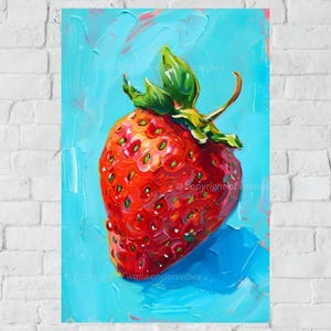 Strawberry Wall Art Print, Large Strawberry Canvas Art, Colorful Kitchen Decor, Modern Fruit Poster, Vibrant Strawberry Painting