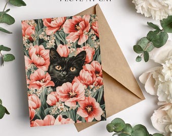 Floral Black Cat Art Print, Cute Kitten Illustration (Digital Download)