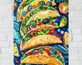 Colorful Taco Kitchen Art Print, Whimsical Mexican Food (Digital Download)