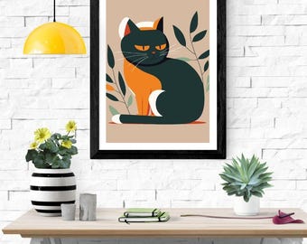Impresión digital de arte de gato lindo, arte de pared con ilustración de gato moderno, póster de gato imprimible, obra de arte de gato para decoración del hogar, descarga instantánea