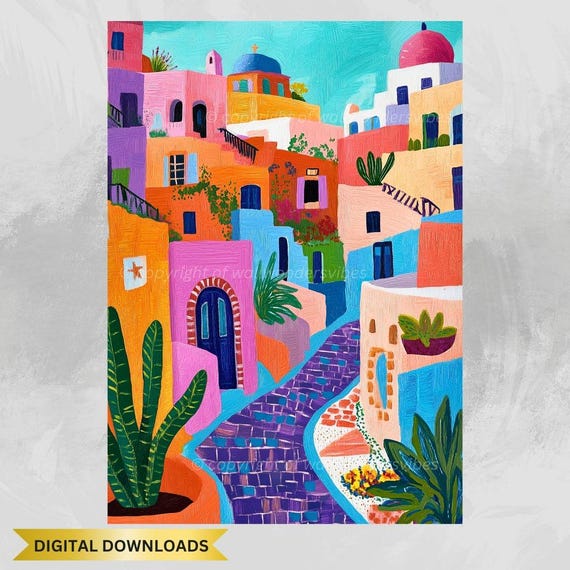 Colorful Mediterranean Landscape Art, Vibrant Digital Wall Art Print, Santorini Inspired Artwork, Instant Download for Home Decor