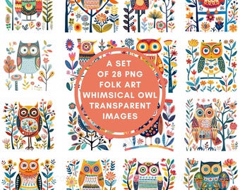 Folk Art Whimsical Owl PNG Clipart, Commercial Use (Digital Download)