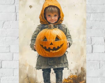 Halloweenpumpa-väggkonst, vintagebarn som håller pumpa, höstinredningstryck, läskig Halloween-dekor, digital nedladdning
