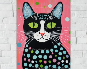 Bunte abstrakte Katzenkunst, süße Katzenwanddekoration, moderne Katzenposter, wunderliche Katzenillustration, verspielte Katzendigitaldruck