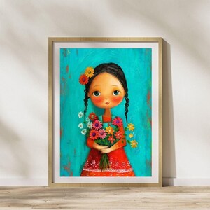 Whimsical Girl Art Print, Colorful Digital Download, Illustration with Flowers, Wall Art Decor, Kids Room Artwork