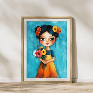 Whimsical Girl Art Print, Colorful Floral Illustration, Cute Wall Decor, Nursery Room Art, Digital Download, Kids Room Decor