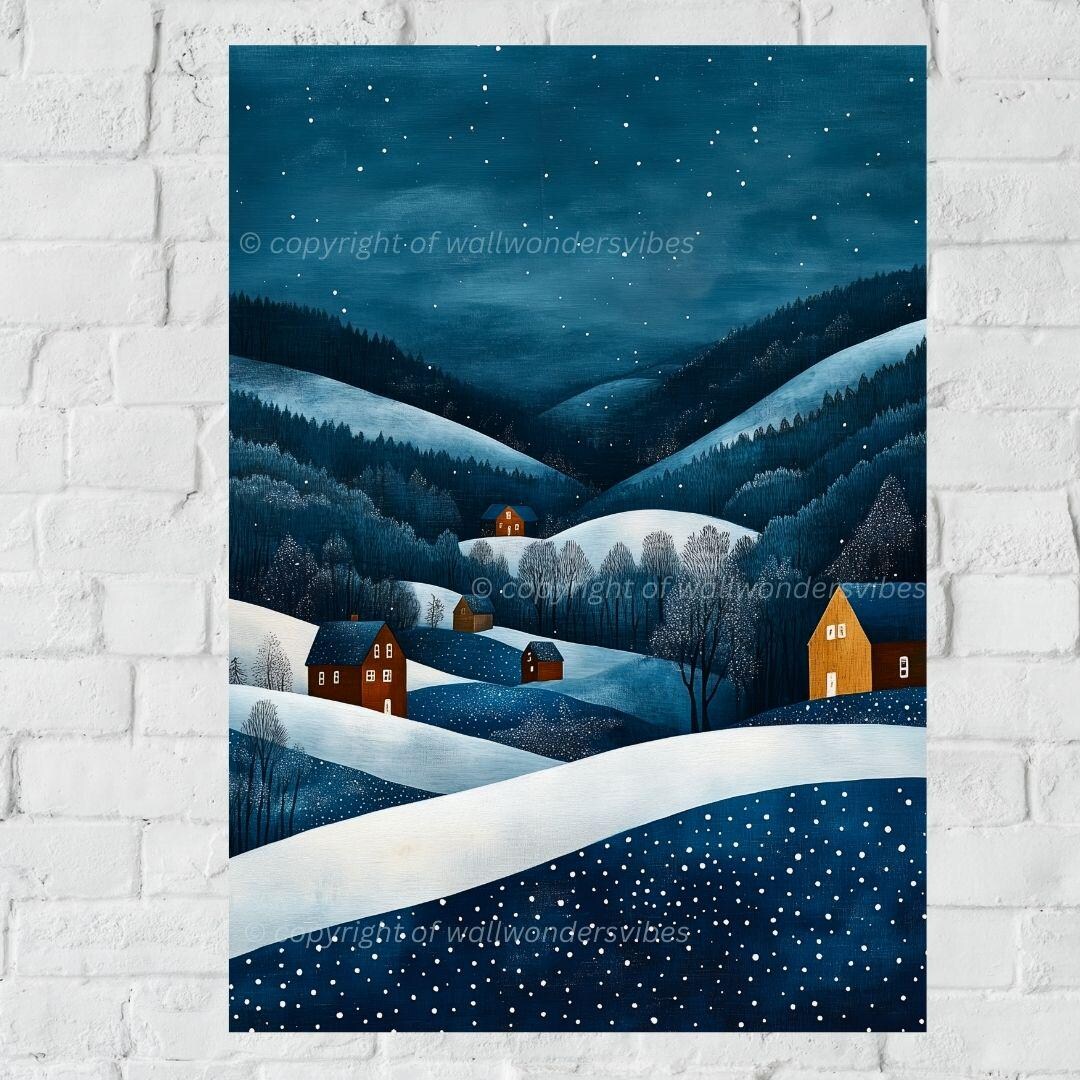 Winter Night Landscape Art, Digital Wall Art Print, Snowy Hills and ...