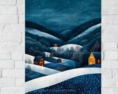 Winter Night Landscape Art, Digital Wall Art Print, Snowy Hills and Cozy Houses, Starry Sky Scene, Wall Decor Printable