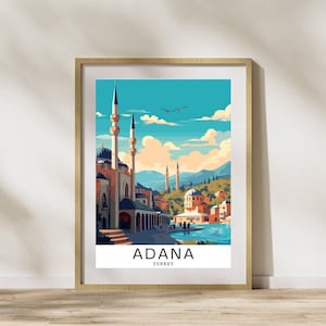 Impresión de arte digital de Adana, Turquía, póster de viaje, decoración de pared, paisaje urbano colorido, obra de arte imprimible, descarga instantánea, decoración del hogar