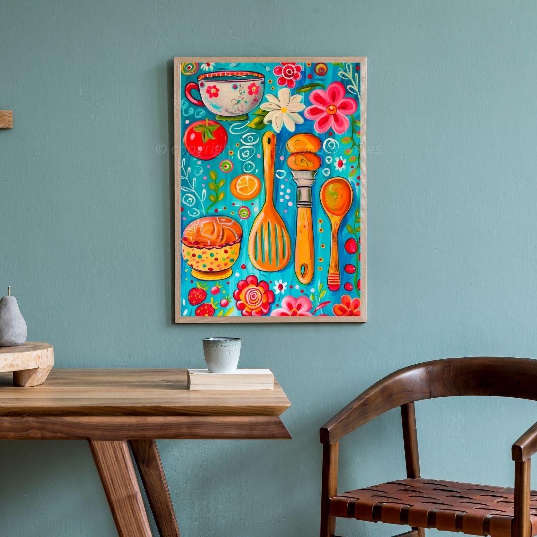 kitchen prints, set of 3 prints colourful kitchen... Colorful Kitchen Art Print, Vibrant Cooking Utensils Wall Decor, Fun ...