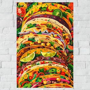 Colorful taco art digital print, Mexican food wall art download, Vibrant taco decor, Kitchen poster, Taco Tuesday printable wall art