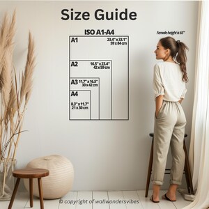 May include: A size guide chart with ISO A1-A4 measurements in inches and centimeters. The chart includes dimensions for A1 (23.4" x 33.1" / 59 x 84 cm), A2, A3, and A4 sizes. The text "Female height is 65"" is also present.