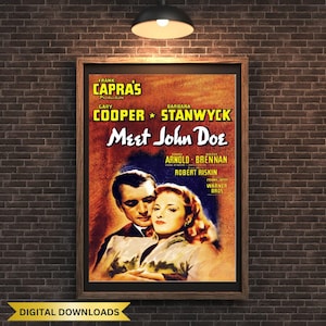 Vintage Movie Poster Art, Meet John Doe Classic Film Decor, Old Hollywood Glamour Wall Print, Retro Cinema Collectible Gift