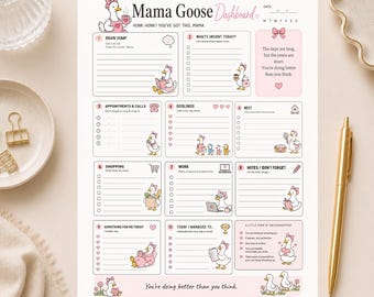 Tableau de bord imprimable Mama Goose, agenda quotidien amusant pour maman, organisateur de vie de maman, liste de choses à faire, format A4 ou US Letter, téléchargement instantané