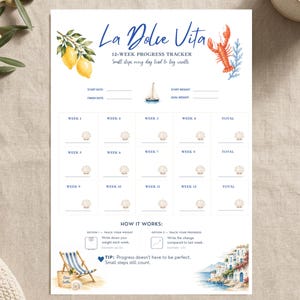 Könnte beinhalten: Ein 12-Wochen-Fortschritts-Tracker-Blatt mit dem Titel La Dolce Vita mit Aquarellillustrationen von Zitronen, einem Hummer, einem Segelboot und einem Küstendorf. Das Layout enthält Felder für Start- und Zielgewicht sowie Anweisungen.