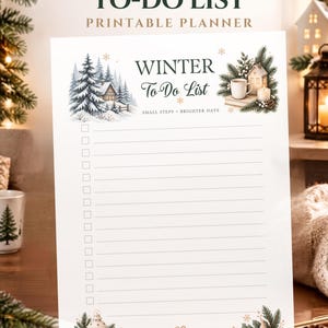 May include: A white printable winter to-do list planner featuring the text Winter To-Do List, Small Steps Brighter Days, and illustrations of a snowy cabin, pine trees, a mug, a candle, a lantern, and a star, with lined spaces and checkboxes.