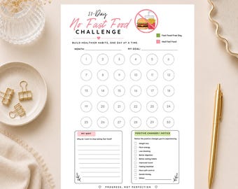 30-Day No Fast Food Challenge Tracker Printable, Sugar-Free Habit Tracker, No Sugar Planner, Wellness Printable PDF, A4 US Letter