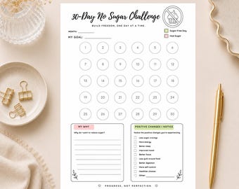 30-Day No Sugar Challenge Tracker Printable, Sugar-Free Habit Tracker, No Sugar Planner, Wellness Printable PDF, A4 US Letter