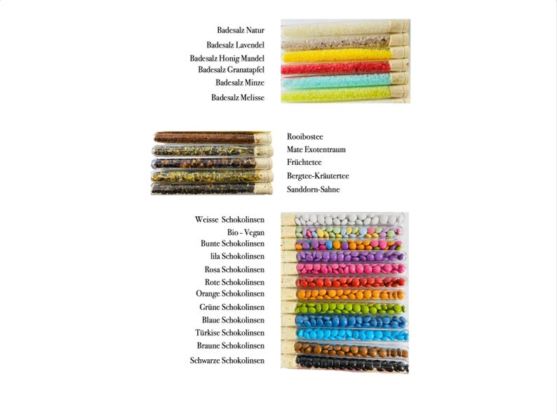 May include: Assortment of small glass test tubes filled with various bath salts, teas, and chocolate sprinkles. The bath salts are labeled with different scents, including lavender, honey, and pomegranate. The teas are labeled with names like Rooibos, Mate, and Fruit. The chocolate sprinkles are labeled with different colors, including white, pink, and orange.