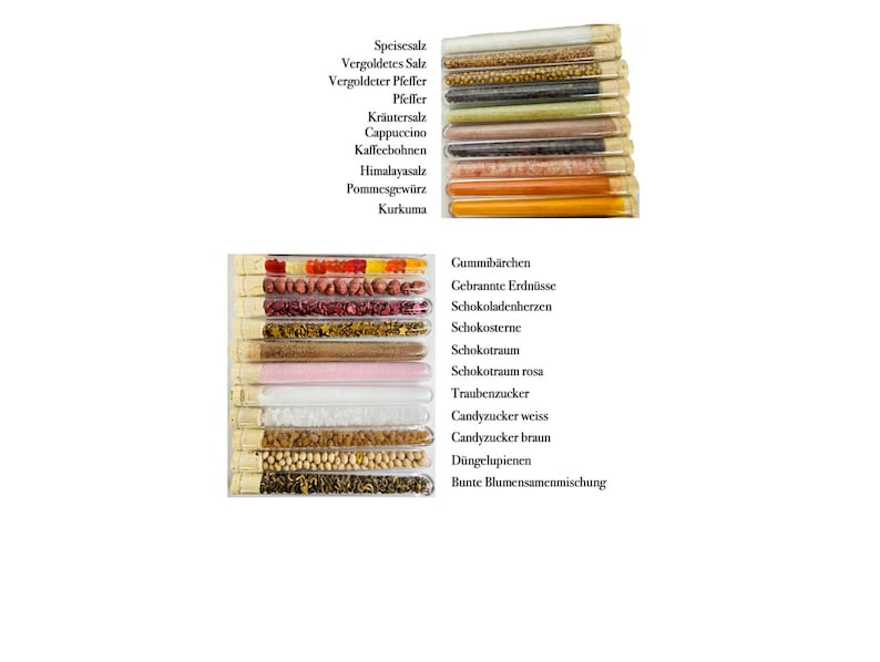 May include: Two rows of clear glass test tubes filled with various spices, candies, and other ingredients. The top row includes spices like Himalayan salt, turmeric, and pepper. The bottom row includes candies like gummy bears, chocolate hearts, and candy sprinkles.