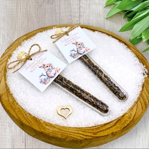 Op de afbeelding: Twee kleine glazen buisjes gevuld met bruine theebladeren, elk met een witte kaart bevestigd. De kaarten tonen een aquarel-illustratie van een konijn dat een mandje met paaseieren vasthoudt en de tekst "Frohe Ostern wünscht Euch Maria & Florian".