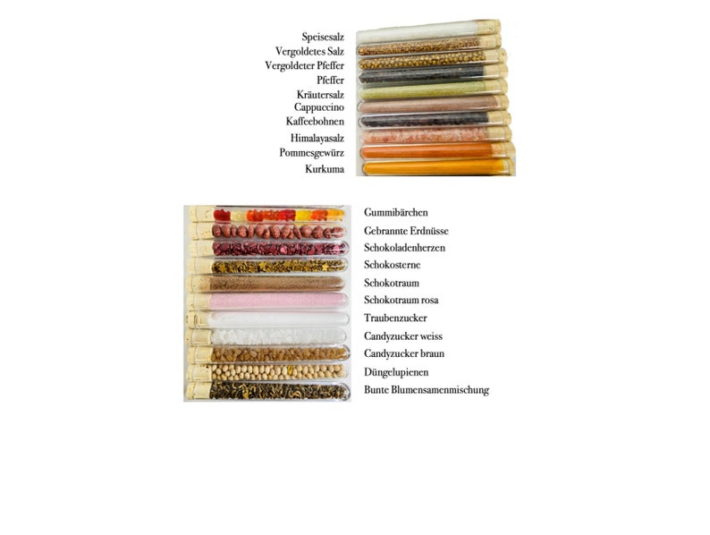May include: Two rows of clear glass test tubes filled with various spices, candies, and other ingredients. The top row includes spices like Himalayan salt, turmeric, and pepper. The bottom row includes candies like gummy bears, chocolate stars, and candy sprinkles.