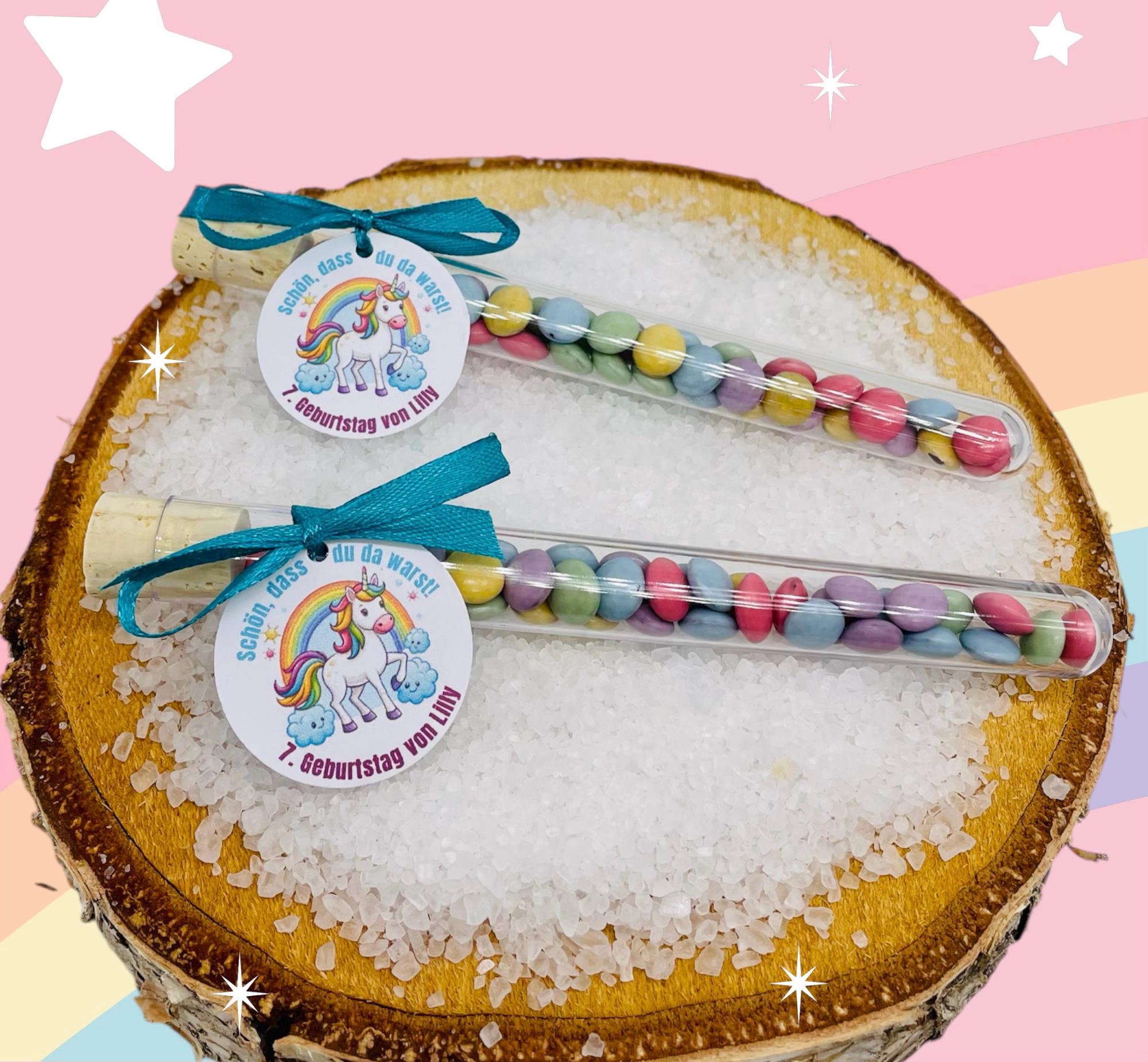 Einhorn Geburtstag, personalisiertes Gastgeschenk für den Kindergeburtstag mit Einhorn Motiv, fertiges Mitgebsel Kindergeburtstag Einhorn