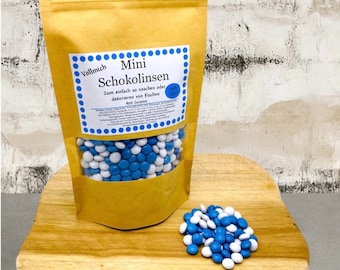 Chocolade lenzen wit/blauw, (400g), assorti, enkele kleuren, candybar, (zoals Smarties), bakken, plasticvrije verpakking, taartdecoratie, candybar