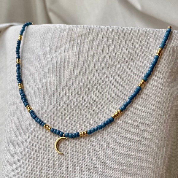 Blaue Perlenkette Mondanhänger Gold Kette Filigran Choker Perlen orientalisch Anhänger Mond Choker Blau Gold Perlenkette rostfrei Kette