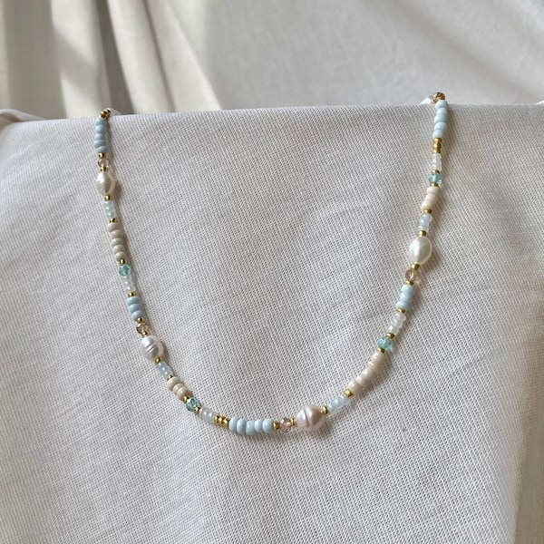 Süßwasserperlenkette hellblau Choker Perlenkette beige Halskette echte Süßwasserperlen Choker Perlen blaue Süßwasserperlenkette pinterest