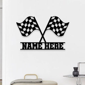 Personalized Racing Metal Sign, Checkered Flag Sign, Custom Name Room Sign, Racing Wall Decor, Gift for Racer, Dad, Son, Boy, Kid, Team
