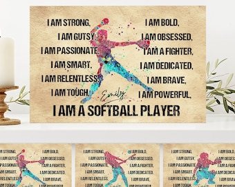 Personalized Softball Poster/Canvas, I am A Softball Player Wall Art Print, Custom Framed Canvas, Sport Gift for Mom, Daughter, Girl, Team