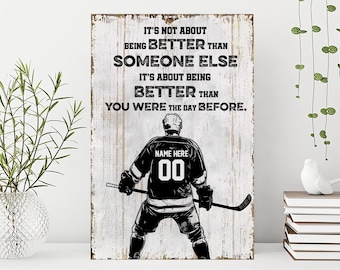 Personalized Hockey Poster/Canvas, Motivational Quote Wall Art Print, Custom Name Number Framed Canvas, Gift for Dad, Son, Boy, Kid, Team