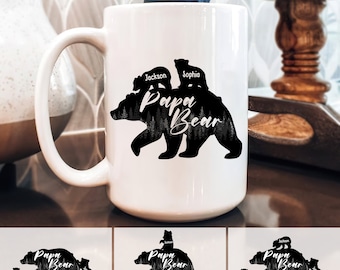 Personalized Dad Mug, Papa Bear Mugs, Grandpa Coffee Mug, Custom Kid's Names Coffee Cup, Father's Day Gift for Dad, Grandpa