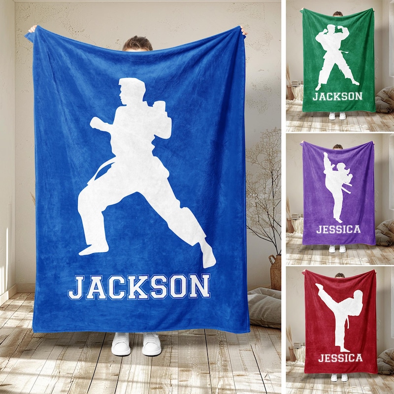 Personalized Taekwondo Blanket, Custom Name Soft Cozy Sherpa Fleece Throw Blankets, Sport Gift for Dad, Son, Daughter, Boy, Girl, Kid