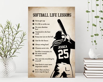 Personalized Softball Poster/Canvas, Softball Life Lessons Wall Art Print, Custom Framed Canvas, Sport Gift for Daughter, Girl, Kid, Team