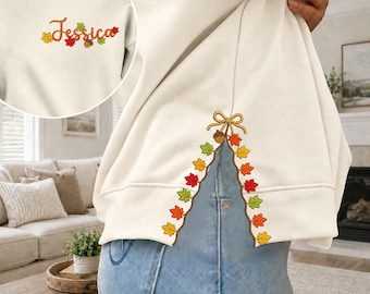Sweat-shirt personnalisé avec nœud papillon sur le côté, Sweat-shirt personnalisé avec nom, T-shirt brodé de feuilles d'automne, T-shirt Thanksgiving, Cadeau pour elle