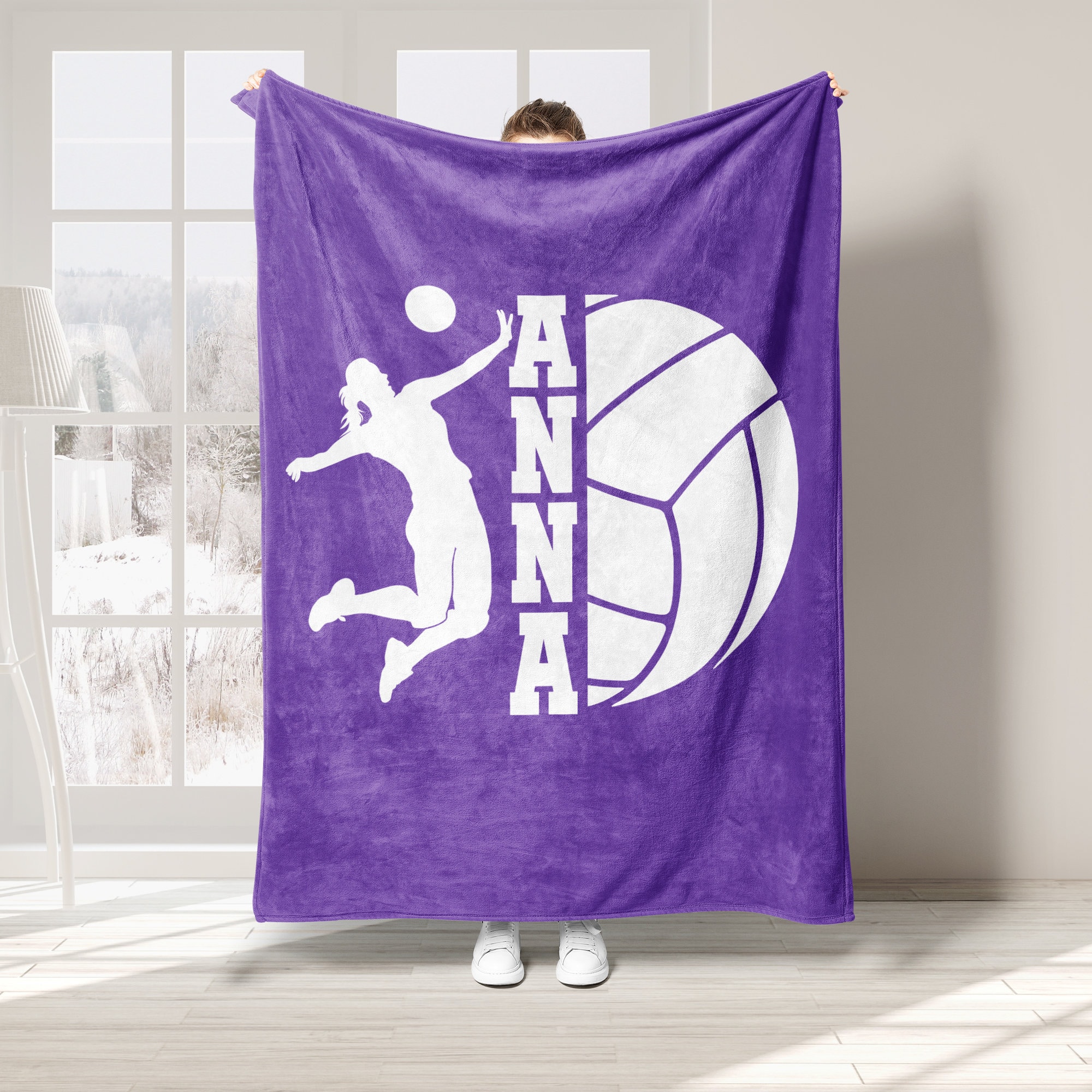 Personalized Volleyball Blanket, Custom Name Soft Cozy Sherpa Fleece Throw Blankets, Sport Gift for Mom, Wife, Daughter, Kid, Team