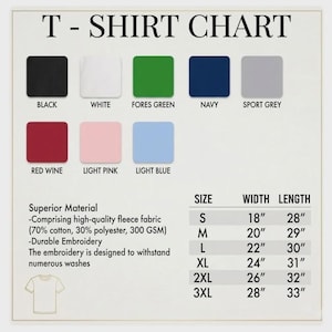 Puede incluir: Una tabla de camisetas que muestra ocho muestras de color: negro, blanco, verde bosque, azul marino, gris deportivo, vino tinto, rosa claro y azul claro. Incluye una tabla de tallas con medidas de ancho y largo en pulgadas de la S a la 3XL.