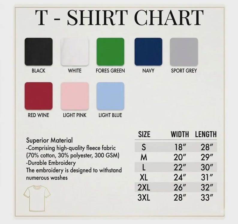 Puede incluir: Una tabla de camisetas que muestra ocho muestras de color: negro, blanco, verde bosque, azul marino, gris deportivo, vino tinto, rosa claro y azul claro. Incluye una tabla de tallas con medidas de ancho y largo en pulgadas de la S a la 3XL.