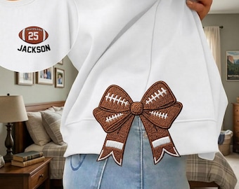Personalized Football Side Bow Cut-Out Sweatshirt, Custom Name Number Sweatshirt, Football Mom Embroidered Sweatshirt, Football Coquette Bow