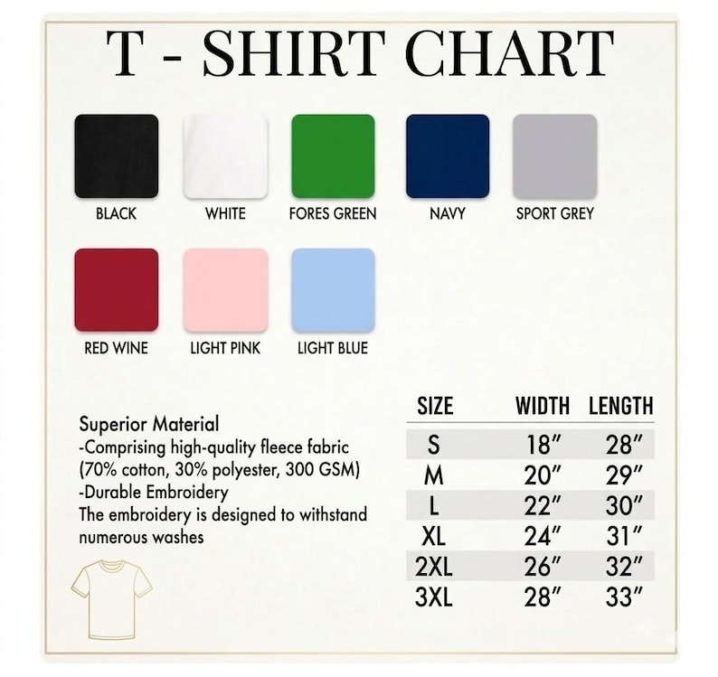 May include: A T-shirt chart displaying color swatches and size measurements. Colors include black, white, forest green, navy, sport grey, red wine, light pink, and light blue. Sizes range from S to 3XL, with width and length in inches.