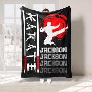 Personalized Karate Blanket, Custom Name Soft Cozy Sherpa Fleece Throw Blankets, Karate Lover Blanket, Sport Gift for Dad, Son, Boy, Kid