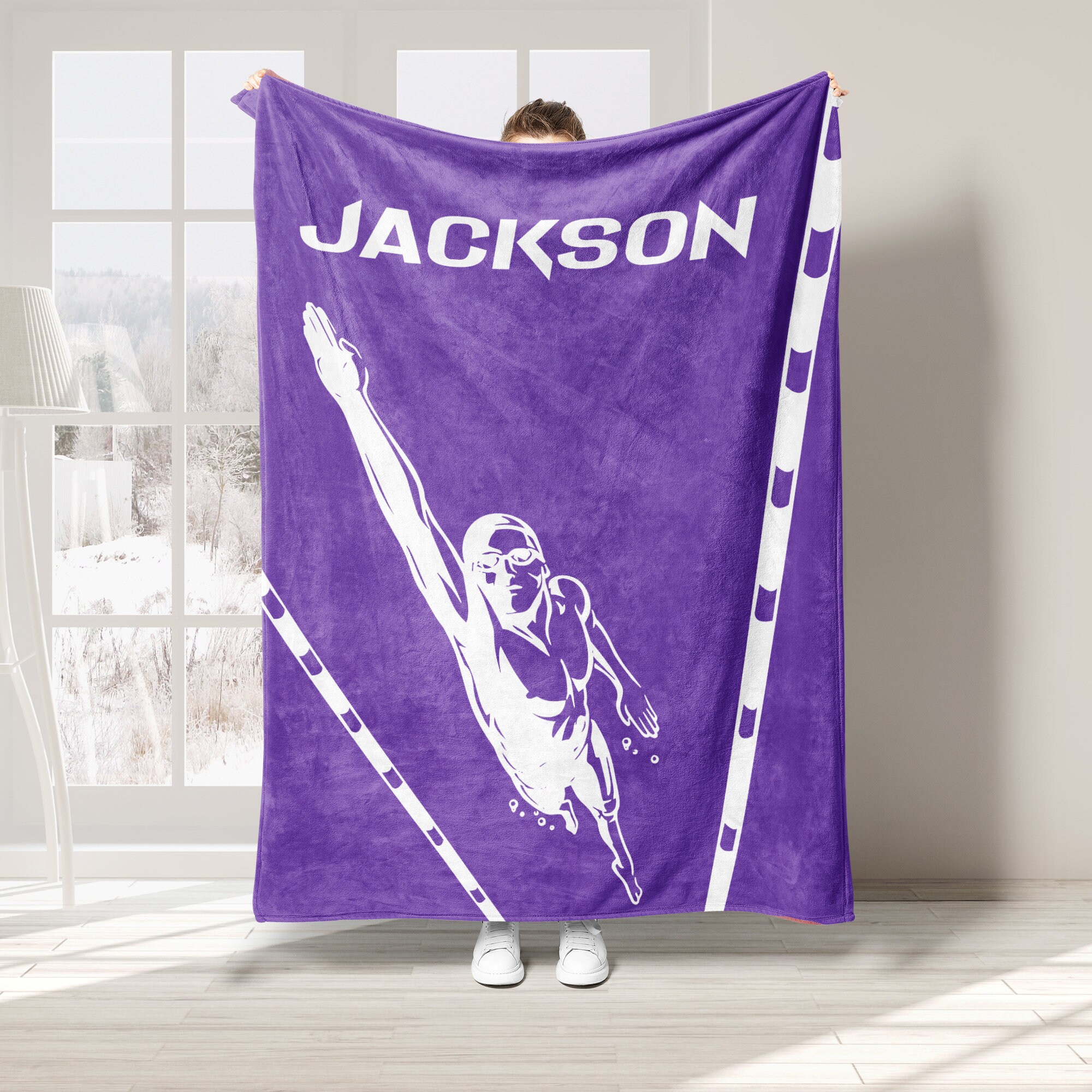Personalized Swimming Blanket, Custom Name Soft Cozy Sherpa Fleece Throw Blankets, Sport Gift for Swimmer, Dad, Mom, Son, Daughter, Team
